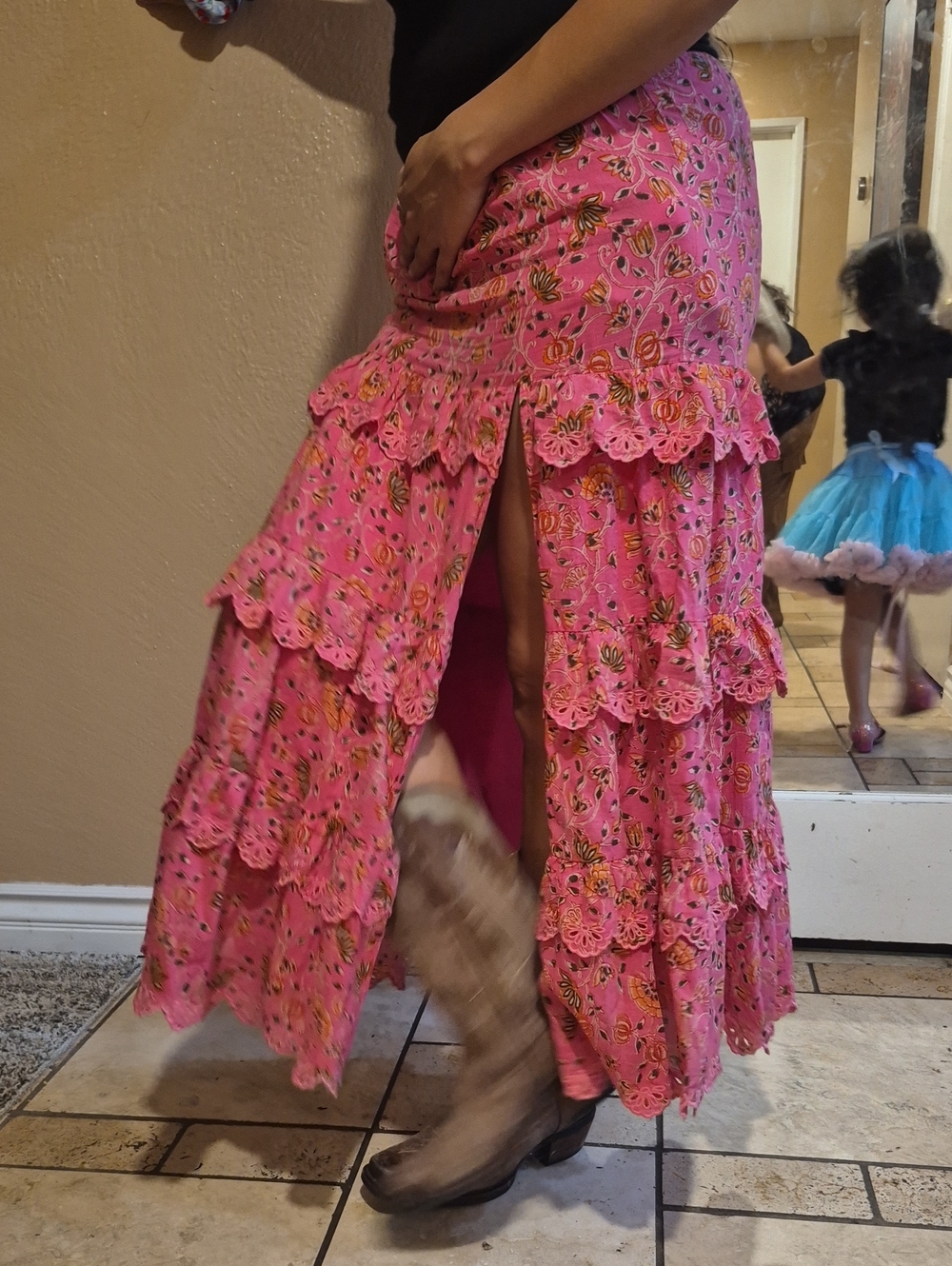 Pink Floral Tiered Lace Maxi Skirt
